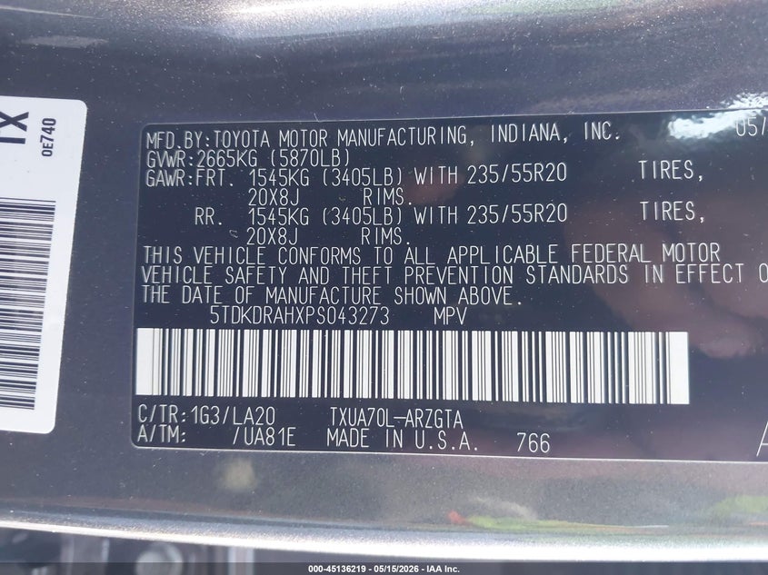 2023 Toyota Highlander VIN 5TDKDRAHXPS043273 IAAI salvage auction — RIGHT SIDE, Salvage (California), sold $19,350 on 2026-07-15 (photo 9)