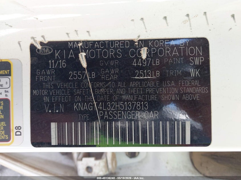 2017 Kia Optima VIN KNAGT4L32H5137813 IAAI salvage auction — RIGHT FRONT, Salvage Title, sold $1,225 on 2026-08-31 (photo 9)