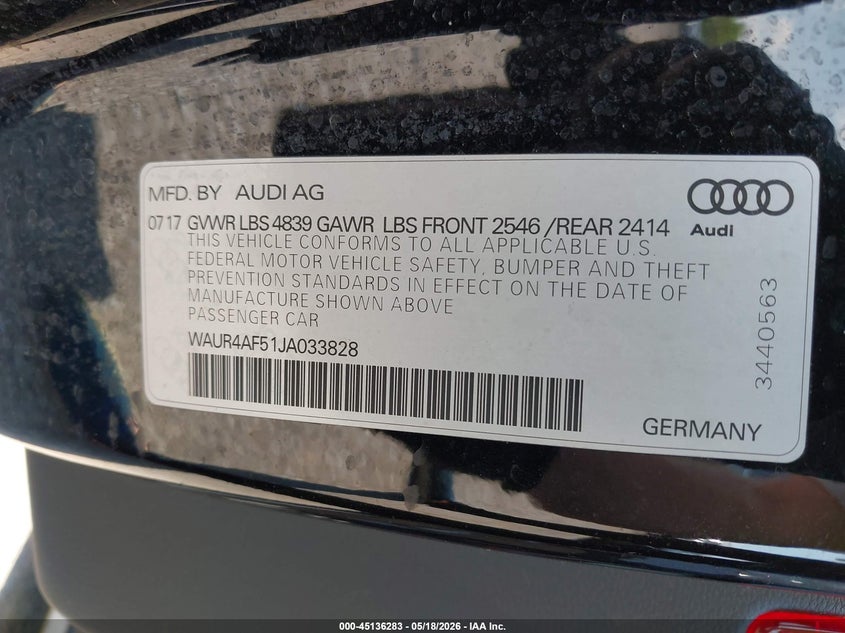 2018 Audi S5 VIN WAUR4AF51JA033828 IAAI salvage auction — FRONT END, Mv-907A (New York), sold $9,600 on 2026-07-17 (photo 9)