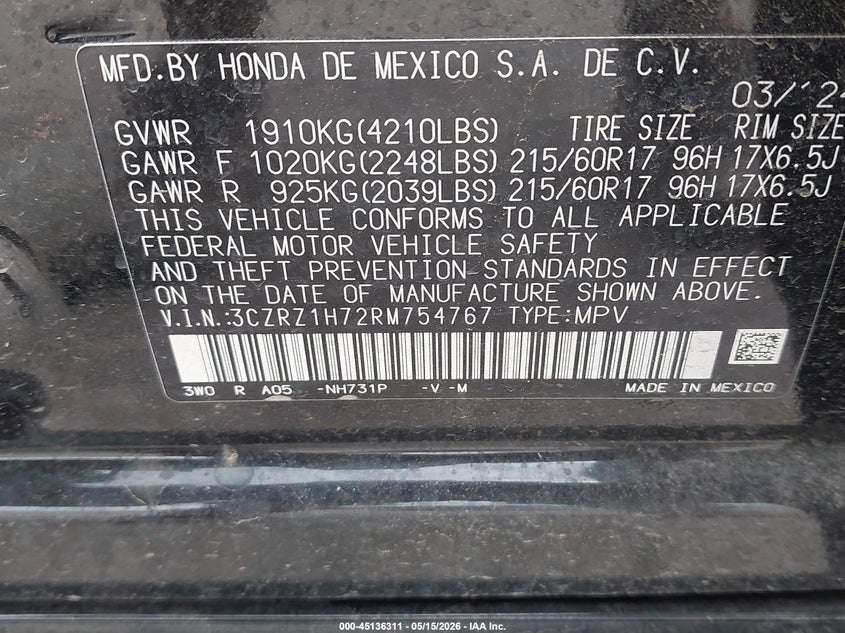 2024 Honda Hr-v VIN 3CZRZ1H72RM754767 IAAI salvage auction — HAIL, Original (Texas), sold $10,550 on 2026-07-29 (photo 9)