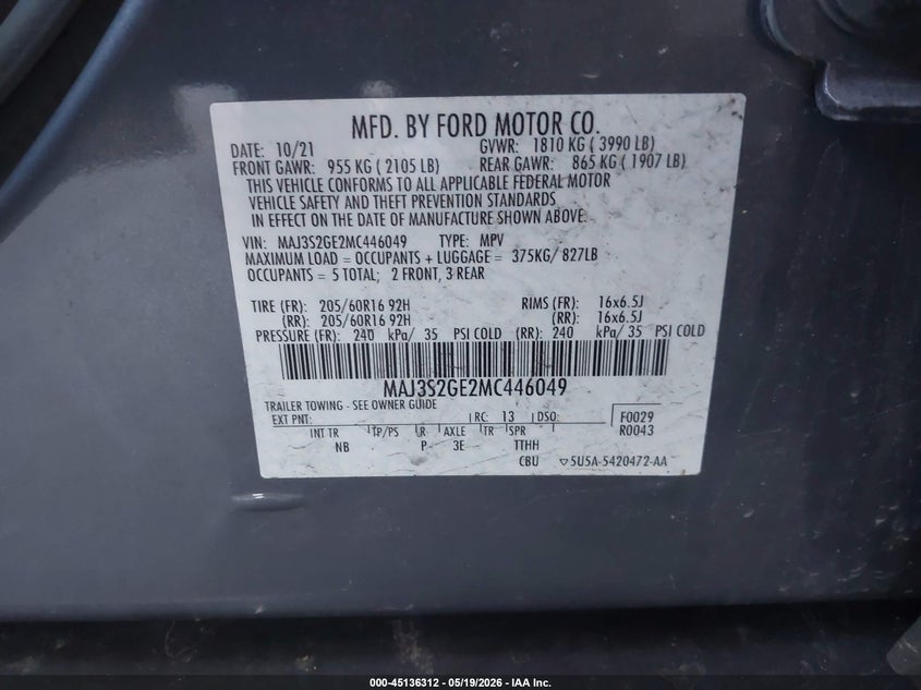 2021 Ford Ecosport VIN MAJ3S2GE2MC446049 IAAI salvage auction — LEFT SIDE, Mv-907A (New York), sold $1,550 on 2026-07-16 (photo 9)