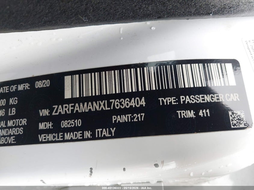 2020 Alfa romeo Giulia VIN ZARFAMANXL7636404 IAAI salvage auction — LEFT SIDE, Salvage (California), sold $2,600 on 2026-07-20 (photo 9)