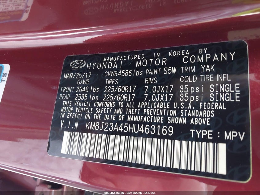 2017 Hyundai Tucson VIN KM8J23A45HU463169 IAAI salvage auction — FRONT END, Clear (Virginia), sold $3,600 on 2026-07-07 (photo 9)