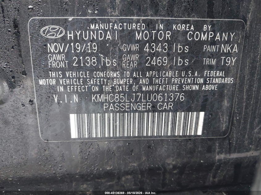 2020 Hyundai Ioniq VIN KMHC85LJ7LU061376 IAAI salvage auction — FRONT END, Junk Bill Of Sale Mv2459 (Wisconsin), sold $1,225 on 2026-07-09 (photo 9)
