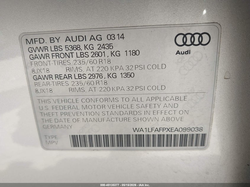 2014 Audi Q5 VIN WA1LFAFPXEA099038 IAAI salvage auction — FRONT END, Salvage (Georgia), sold $375 on 2026-07-22 (photo 9)