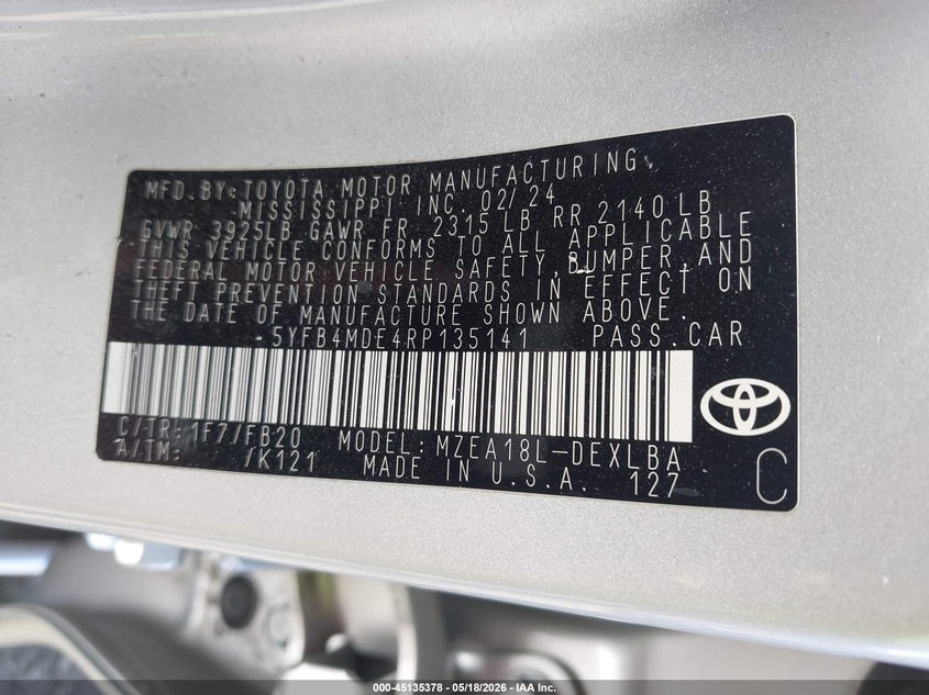 2024 Toyota Corolla VIN 5YFB4MDE4RP135141 IAAI salvage auction — LEFT FRONT, Bill Of Sale (Washington), sold $4,800 on 2026-07-21 (photo 9)
