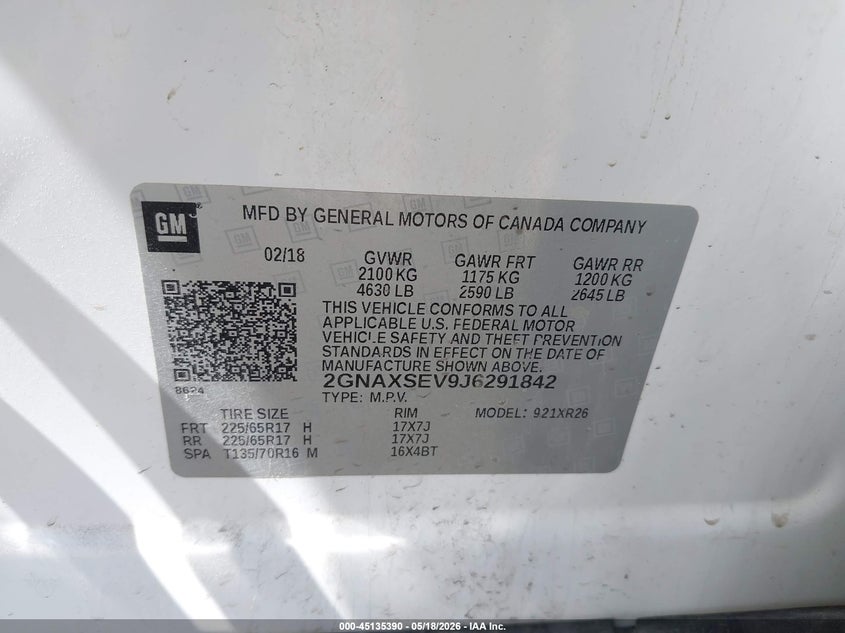 2018 Chevrolet Equinox VIN 2GNAXSEV9J6291842 IAAI salvage auction — RIGHT REAR, Salvage (Montana), sold $350 on 2026-07-09 (photo 9)