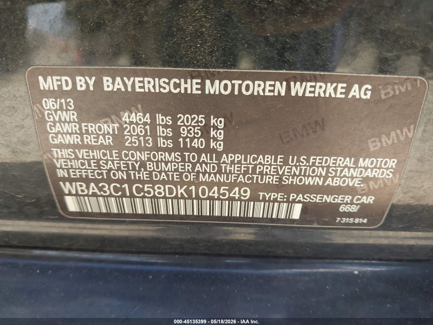 2013 BMW 3er VIN WBA3C1C58DK104549 IAAI salvage auction — FRONT END, Salvage (Georgia), sold $1,150 on 2026-07-10 (photo 9)