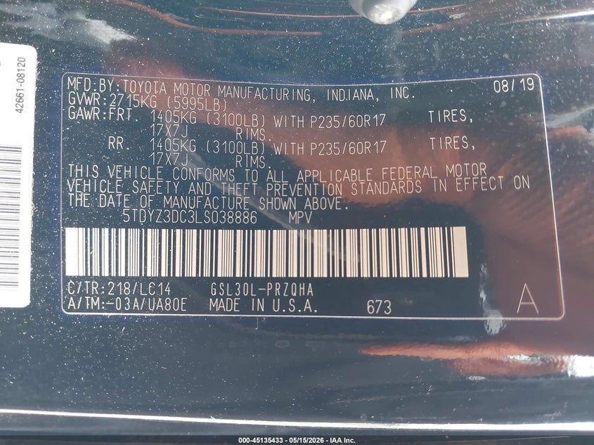 2020 Toyota Sienna VIN 5TDYZ3DC3LS038886 IAAI salvage auction — FRONT END, Salvage (Pennsylvania), sold $5,700 on 2026-07-31 (photo 9)