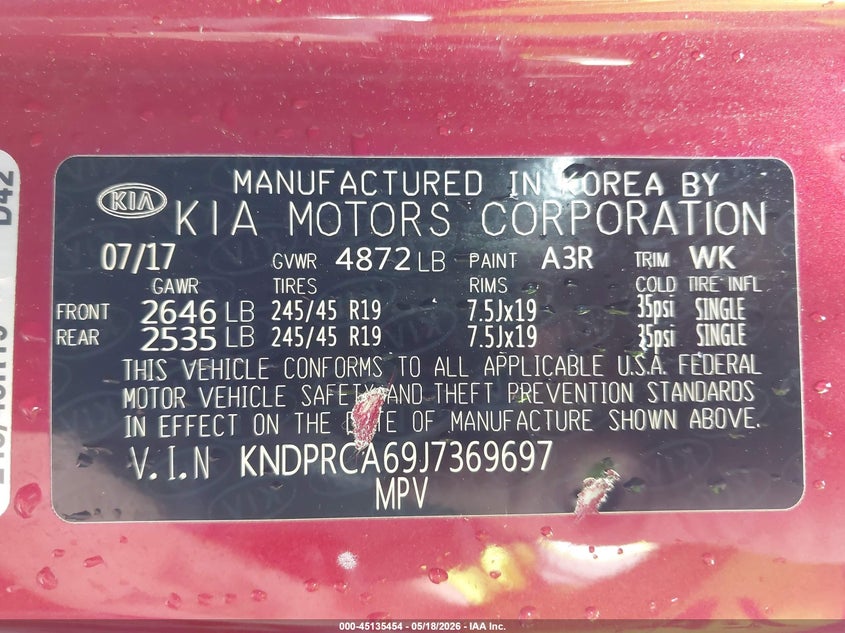2018 Kia Sportage VIN KNDPRCA69J7369697 IAAI salvage auction — FRONT END, Clear (Indiana), sold $3,000 on 2026-07-07 (photo 9)