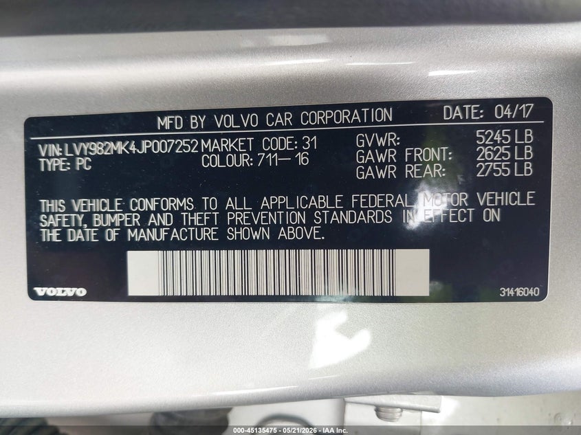 2018 Volvo S90 VIN LVY982MK4JP007252 IAAI salvage auction — REAR END, Salvage Title, sold $5,450 on 2026-07-22 (photo 9)