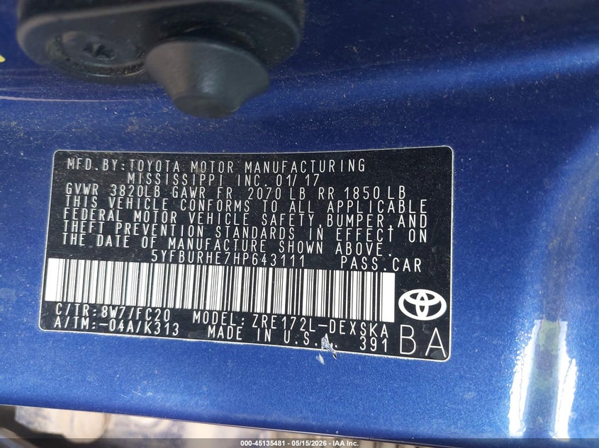 2017 Toyota Corolla VIN 5YFBURHE7HP643111 IAAI salvage auction — HAIL, Original (Texas), sold $6,950 on 2026-07-09 (photo 9)
