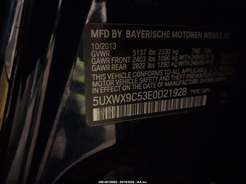 2014 BMW X3 VIN 5UXWX9C53E0D21928 IAAI salvage auction — LEFT FRONT, Clear (Minnesota), sold $1,100 on 2026-07-29 (photo 9)