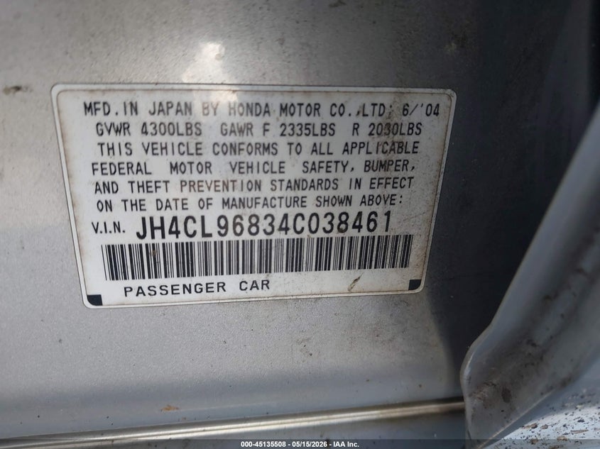 2004 Acura Tsx VIN JH4CL96834C038461 IAAI salvage auction — FRONT END, Repossession Paperwork (Georgia), sold $300 on 2026-07-15 (photo 9)