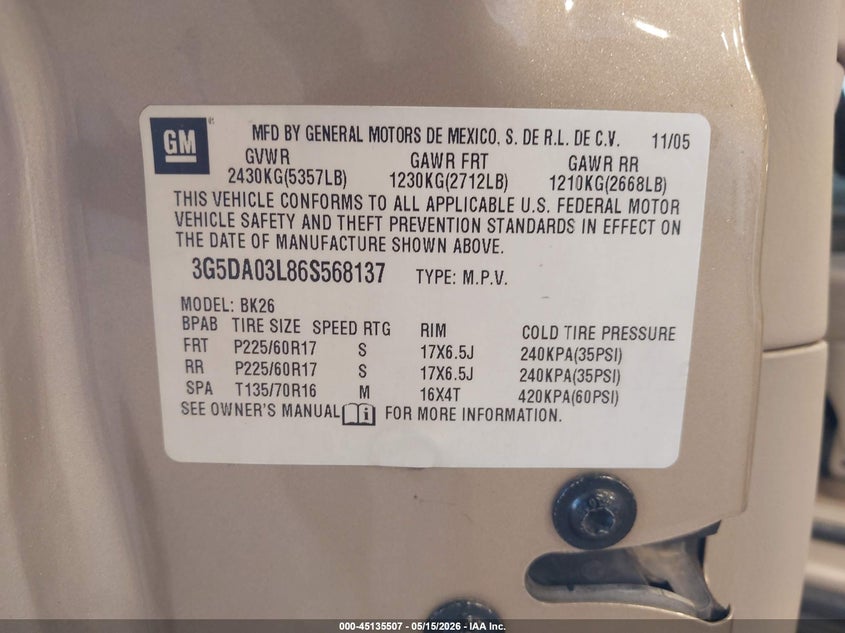 2006 Buick Rendezvous VIN 3G5DA03L86S568137 IAAI salvage auction — LEFT REAR, Salvage (Utah), sold $250 on 2026-07-06 (photo 9)