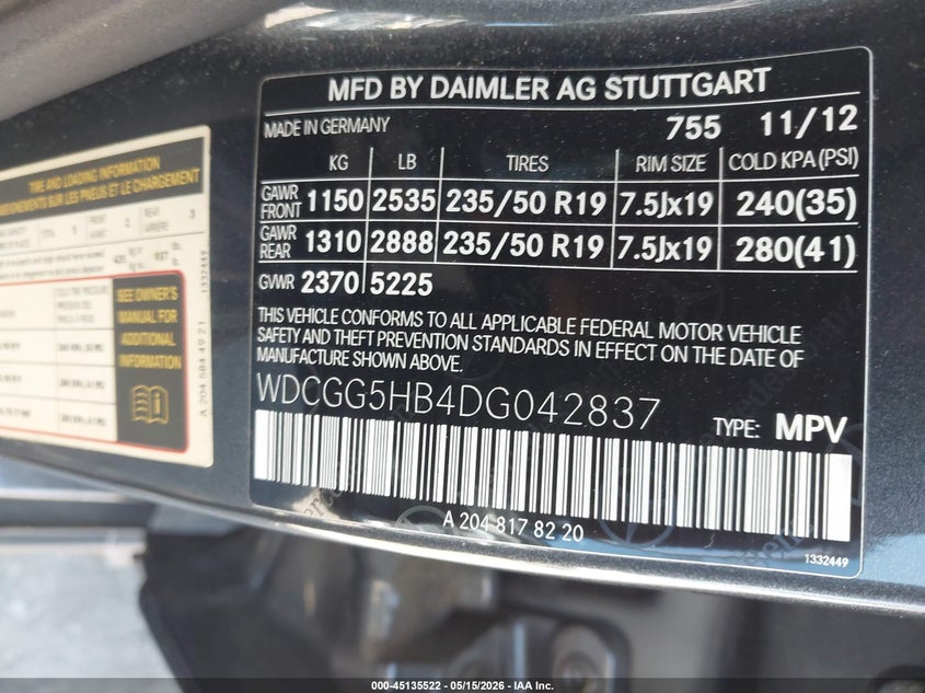 2013 Mercedes-benz Glk-klasse VIN WDCGG5HB4DG042837 IAAI salvage auction — SIDE, Salvage (Georgia), sold $3,600 on 2026-07-08 (photo 9)
