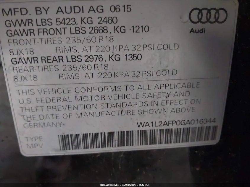 2016 Audi Q5 VIN WA1L2AFP0GA016344 IAAI salvage auction — RIGHT SIDE, Salvage (Illinois), sold $2,600 on 2026-07-22 (photo 9)