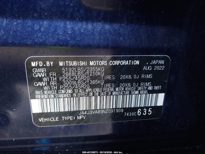 2022 Mitsubishi Outlander VIN JA4J3VA89NZ091909 IAAI salvage auction — FRONT END, Rebuildable (Florida), sold $5,700 on 2026-07-29 (photo 9)