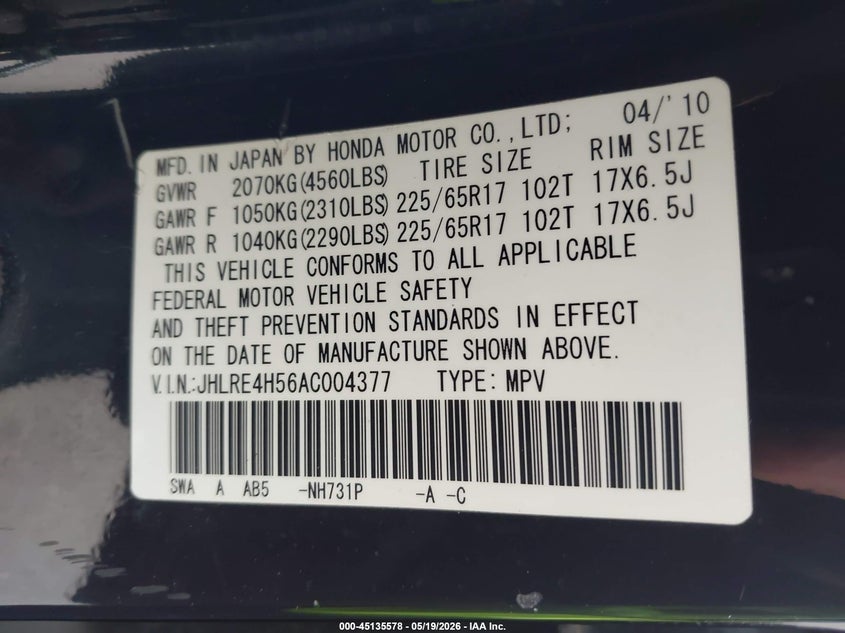 2010 Honda Cr-v VIN JHLRE4H56AC004377 IAAI salvage auction — LEFT SIDE, Salvage (Massachusetts), sold $1,050 on 2026-07-17 (photo 9)