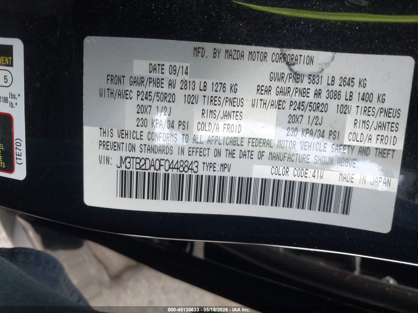 2015 Mazda Cx-9 VIN JM3TB2DA0F0448843 IAAI salvage auction — RIGHT FRONT, Salvage (Georgia), sold $425 on 2026-07-15 (photo 9)