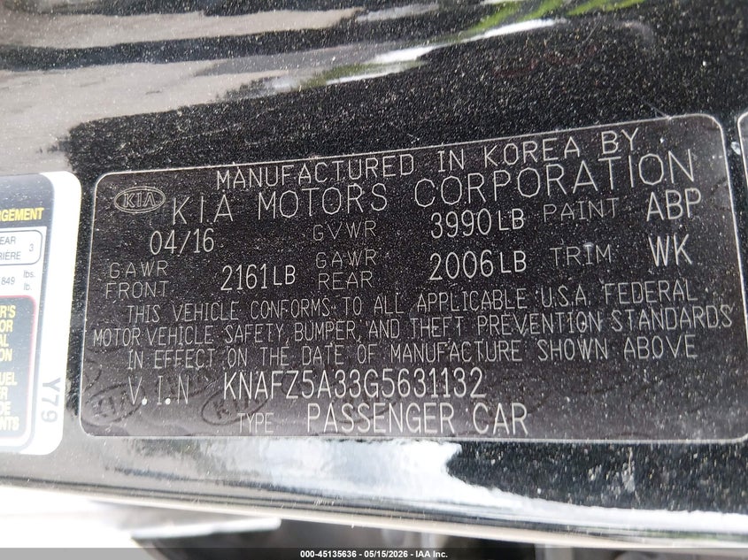 2016 Kia Forte VIN KNAFZ5A33G5631132 IAAI salvage auction — NORMAL WEAR, Salvage (Texas), sold $500 on 2026-07-14 (photo 9)