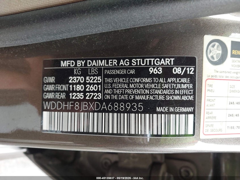 2013 Mercedes-benz E-klasse VIN WDDHF8JBXDA688935 IAAI salvage auction — LEFT FRONT, Certificate Of Title (Nebraska), sold $2,775 on 2026-08-13 (photo 9)