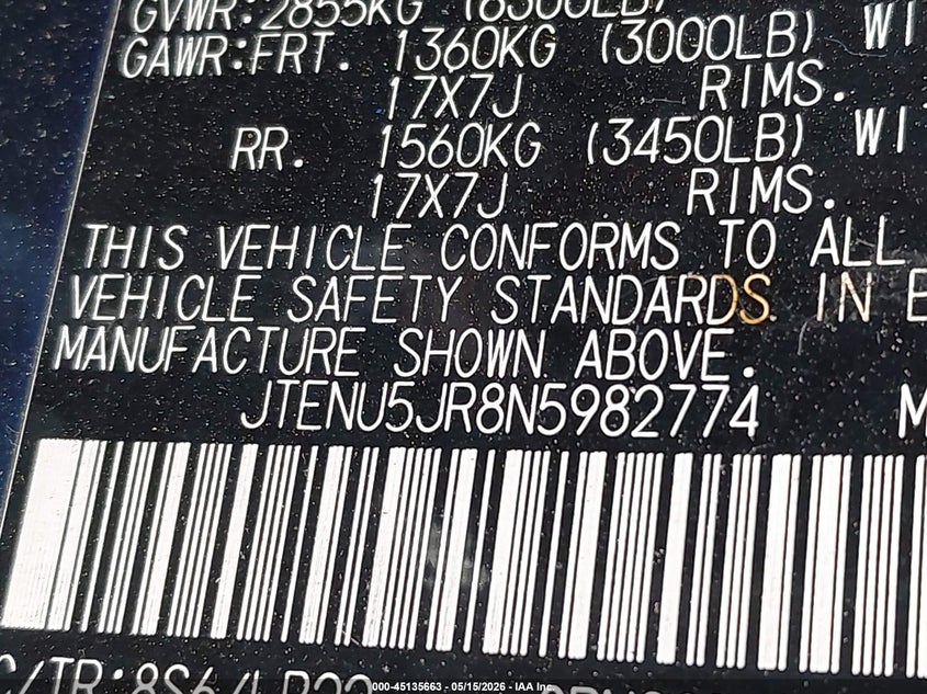 2022 Toyota 4runner VIN JTENU5JR8N5982774 IAAI salvage auction — ROLLOVER, Non-Repairable (Virginia), sold $4,300 on 2026-07-07 (photo 9)