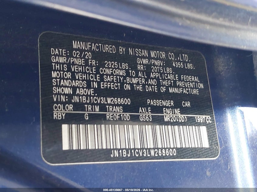 2020 Nissan Rogue VIN JN1BJ1CV3LW268600 IAAI salvage auction — RIGHT FRONT, Salvage (California), sold $2,100 on 2026-07-08 (photo 9)