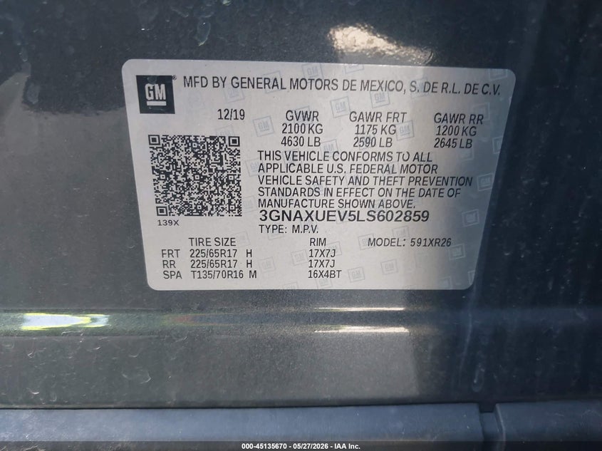 2020 Chevrolet Equinox VIN 3GNAXUEV5LS602859 IAAI salvage auction — HAIL, Salvage Title, sold $6,700 on 2026-07-29 (photo 9)
