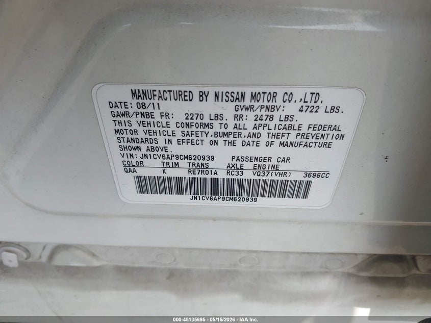 2012 Infiniti G VIN JN1CV6AP9CM620939 IAAI salvage auction — NORMAL WEAR, Salvage (Texas), sold $225 on 2026-07-29 (photo 9)