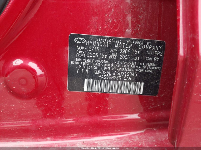 2016 Hyundai Elantra VIN KMHD35LH8GU319345 IAAI salvage auction — RIGHT SIDE, Salvage (Iowa), sold $1,225 on 2026-07-13 (photo 9)