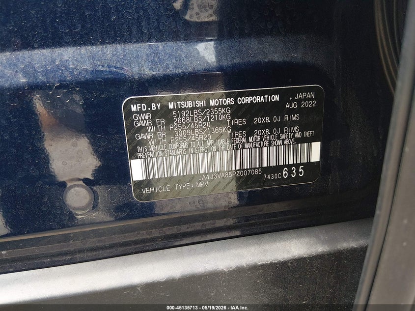 2023 Mitsubishi Outlander VIN JA4J3VA85PZ007085 IAAI salvage auction — REAR END, Salvage (Louisiana), sold $7,000 on 2026-07-28 (photo 9)