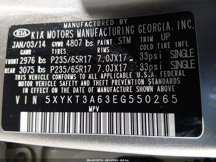 2014 Kia Sorento VIN 5XYKT3A63EG550265 IAAI salvage auction — NORMAL WEAR, Regular (Nevada), sold $925 on 2026-07-17 (photo 9)