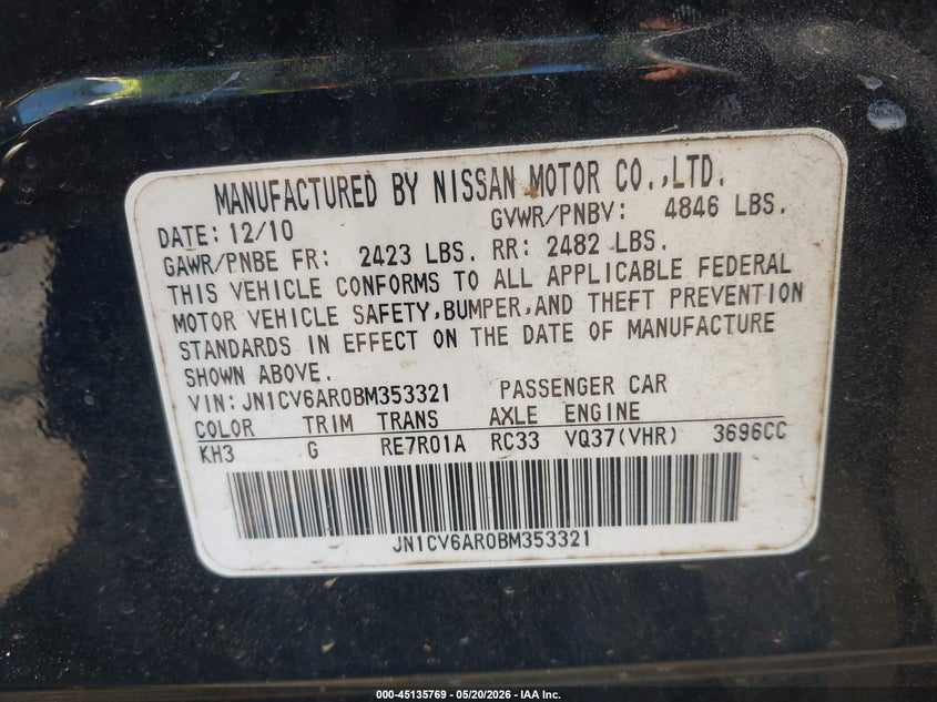 2011 Infiniti G37 VIN JN1CV6AR0BM353321 IAAI salvage auction — RIGHT SIDE, Salvage (Georgia), sold $400 on 2026-07-08 (photo 9)