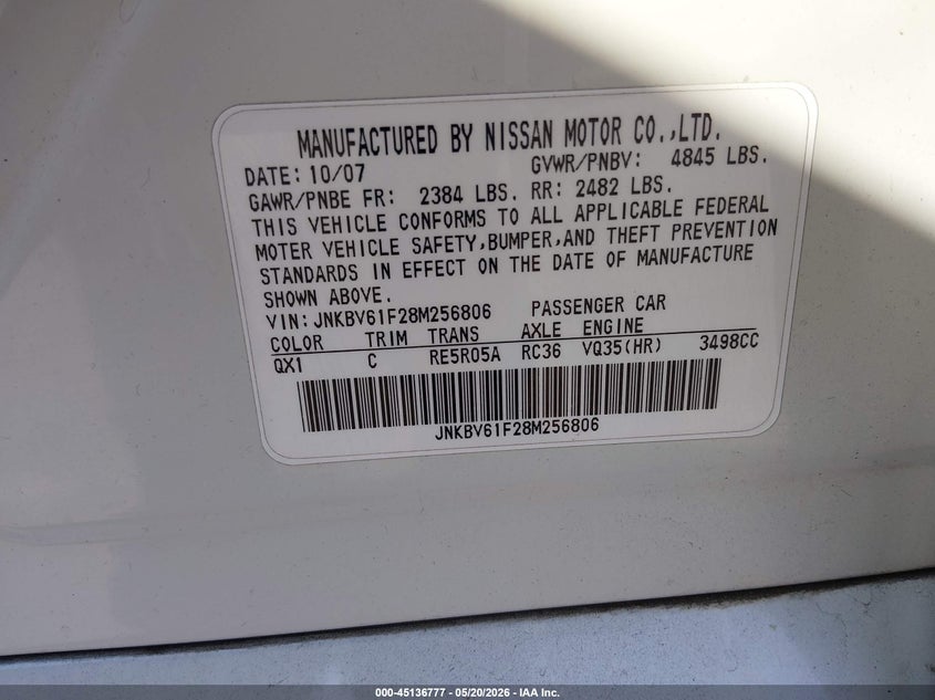 2008 Infiniti G VIN JNKBV61F28M256806 IAAI salvage auction — FRONT END, Salvage (New Jersey), sold $525 on 2026-07-30 (photo 9)