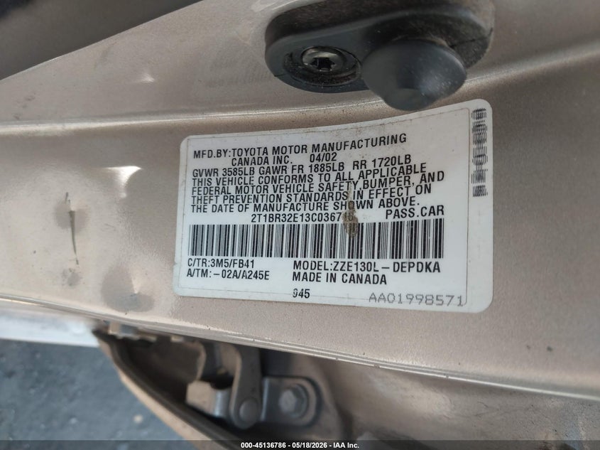 2003 Toyota Corolla VIN 2T1BR32E13C036718 IAAI salvage auction — REAR END, Salvage (New Jersey), sold $575 on 2026-07-06 (photo 9)