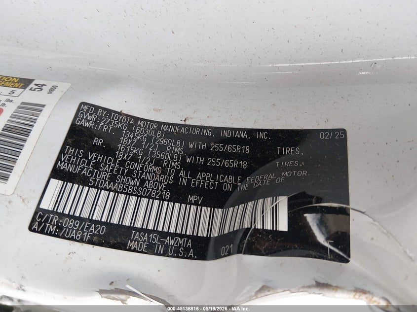 2025 Toyota Highlander VIN 5TDAAAB58SS078218 IAAI salvage auction — ROLLOVER, Salvage (Illinois), sold $275 on 2026-07-29 (photo 9)