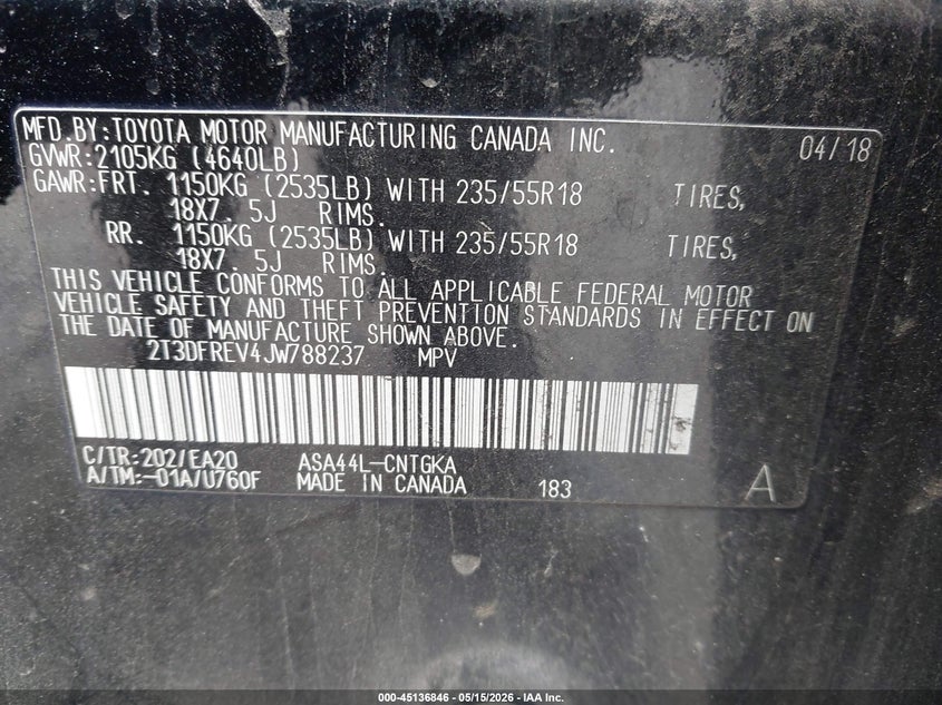 2018 Toyota Rav 4 VIN 2T3DFREV4JW788237 IAAI salvage auction — FRONT END, Salvage (New Jersey), sold $4,275 on 2026-07-23 (photo 9)