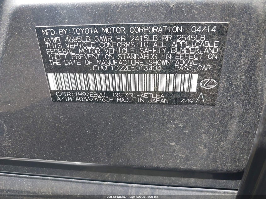 2014 Lexus Is VIN JTHCF1D22E5013404 IAAI salvage auction — NORMAL WEAR, Clear (Tennessee), sold $3,700 on 2026-07-14 (photo 9)
