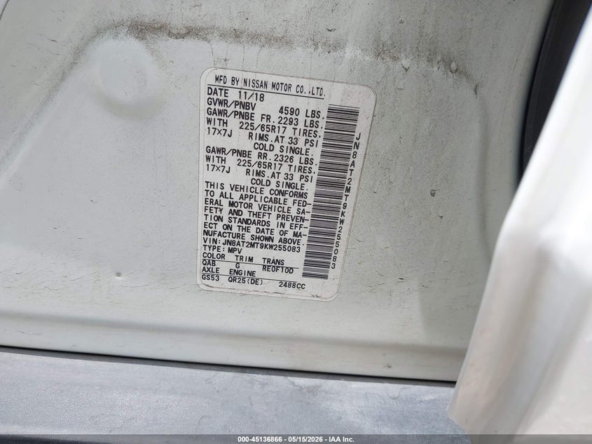2019 Nissan Rogue VIN JN8AT2MT9KW255083 IAAI salvage auction — FRONT & REAR, Salvage (Texas), sold $1,200 on 2026-07-21 (photo 9)
