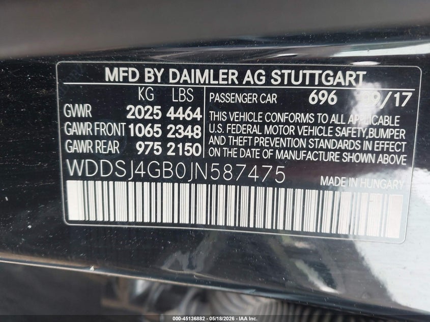 2018 Mercedes-benz Cla-klasse VIN WDDSJ4GB0JN587475 IAAI salvage auction — REAR END, Salvage (Illinois), sold $5,200 on 2026-07-15 (photo 9)