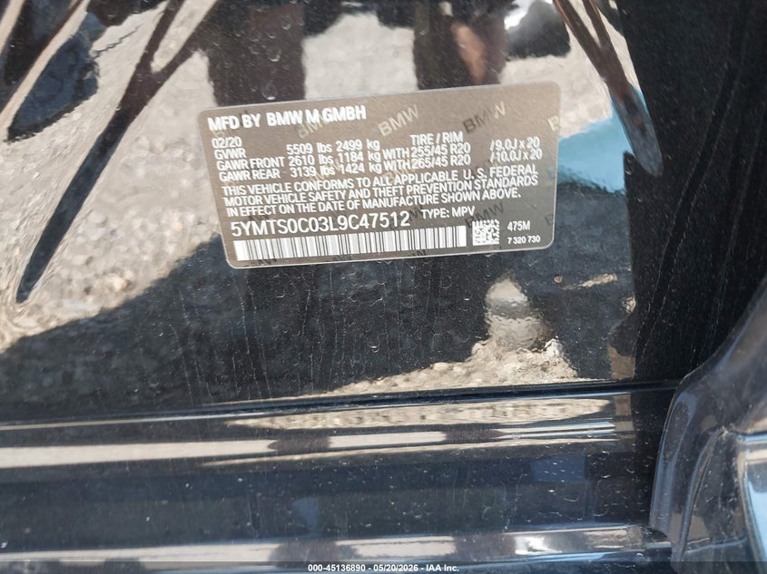 2020 BMW X3 m VIN 5YMTS0C03L9C47512 IAAI salvage auction — FRONT END, Mv-907A (New York), sold $4,550 on 2026-07-28 (photo 9)