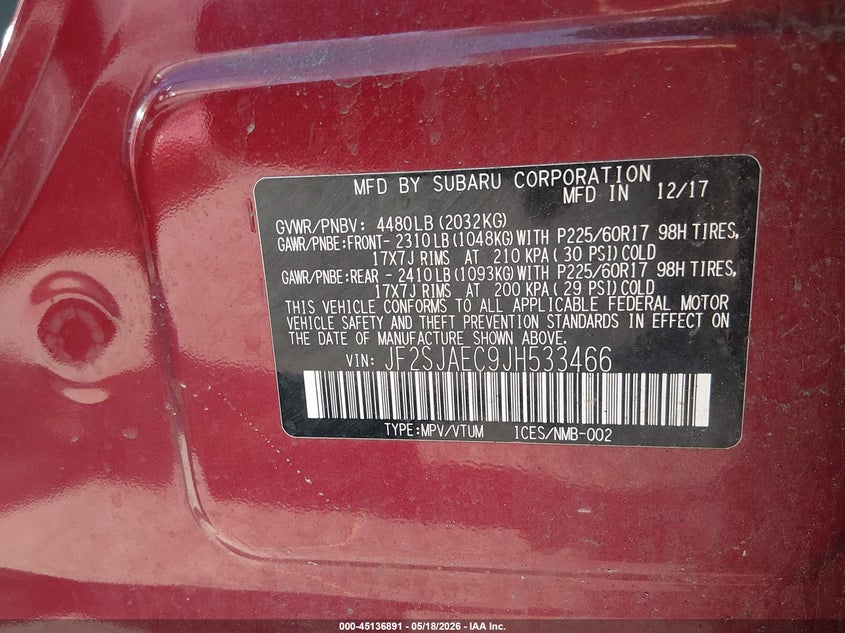2018 Subaru Forester VIN JF2SJAEC9JH533466 IAAI salvage auction — ALL OVER, Mv-907A (New York), sold $2,750 on 2026-07-09 (photo 9)