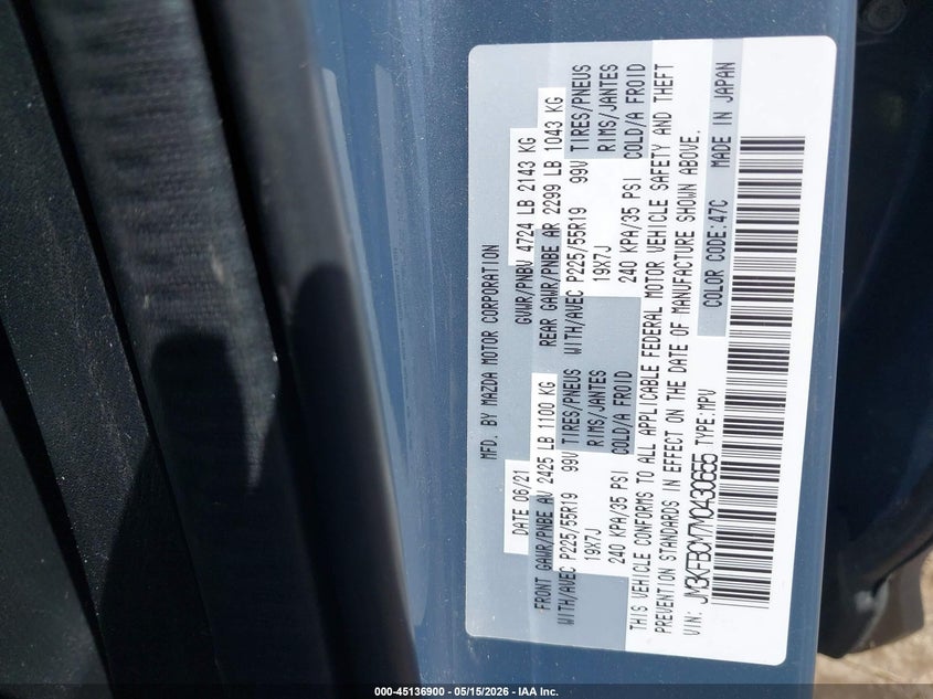 2021 Mazda Cx-5 VIN JM3KFBCM7M0430655 IAAI salvage auction — ROLLOVER, Mv-907A (New York), sold $4,100 on 2026-07-22 (photo 9)