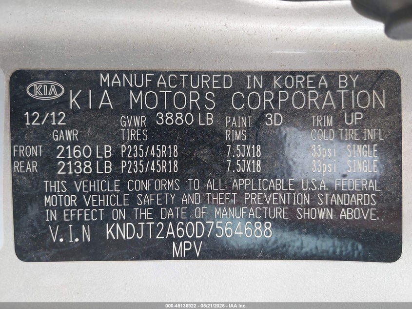 2013 Kia Soul VIN KNDJT2A60D7564688 IAAI salvage auction — FRONT END, Salvage (Iowa), sold $525 on 2026-07-06 (photo 9)
