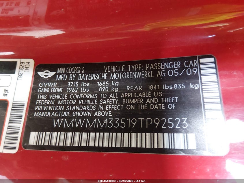 2009 Mini Cooper VIN WMWMM33519TP92523 IAAI salvage auction — NORMAL WEAR, Original (Alaska), sold $900 on 2026-07-10 (photo 9)