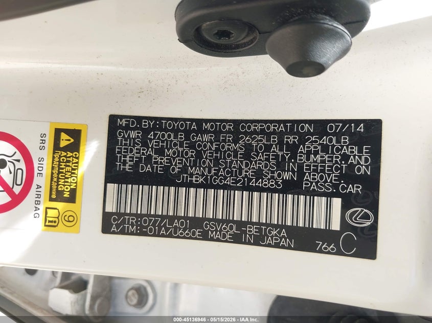 2014 Lexus ES VIN JTHBK1GG4E2144883 IAAI salvage auction — RIGHT FRONT, Original (Texas), sold $3,900 on 2026-07-13 (photo 9)