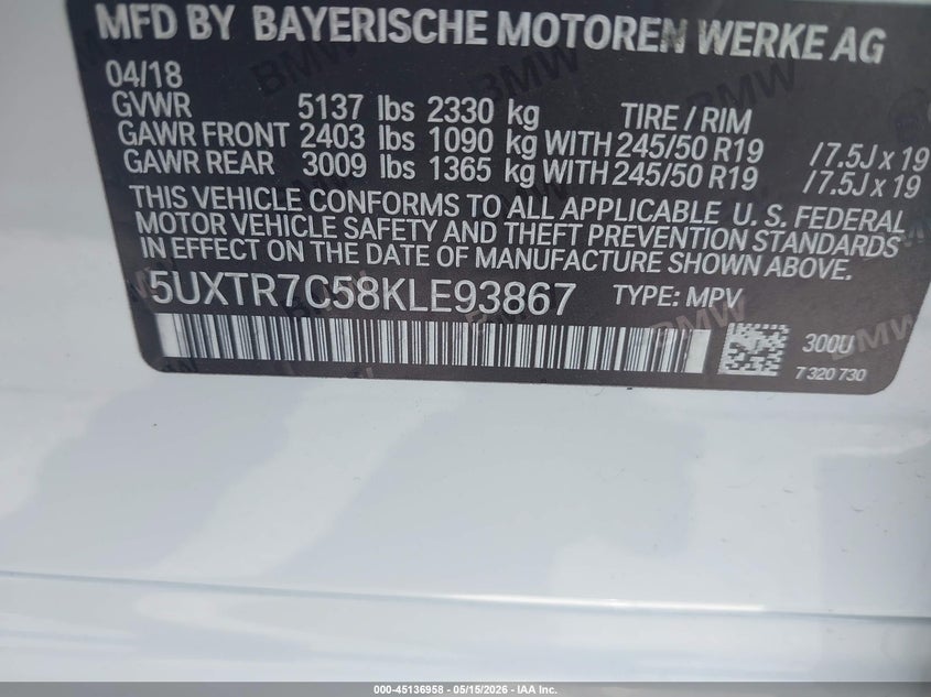 2019 BMW X3 VIN 5UXTR7C58KLE93867 IAAI salvage auction — FRONT END, Salvage (California), sold $7,500 on 2026-07-29 (photo 9)