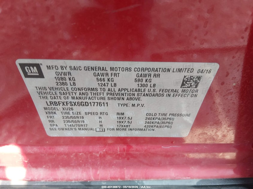 2016 Buick Envision VIN LRBFXFSX6GD177611 IAAI salvage auction — FRONT END, Clear (Indiana), sold $750 on 2026-07-22 (photo 9)