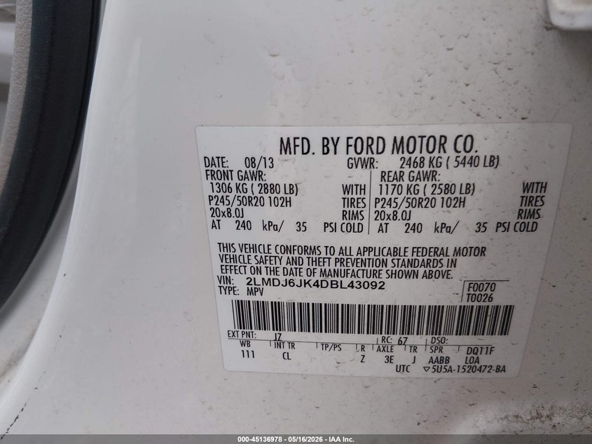 2013 Lincoln Mkx VIN 2LMDJ6JK4DBL43092 IAAI salvage auction — HAIL, Clear (Missouri), sold $800 on 2026-08-01 (photo 9)